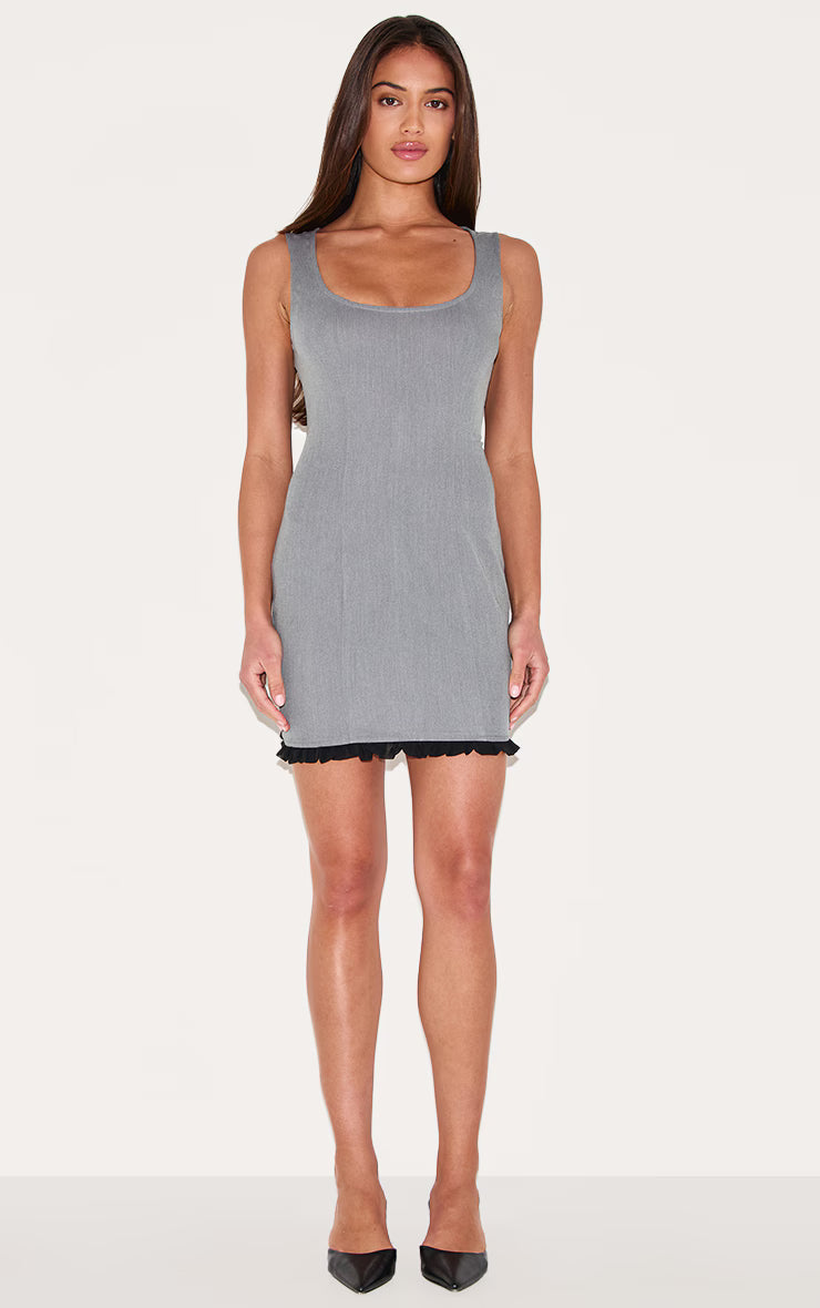 Grey Scoop Neck Frill Hem Bodycon Dress