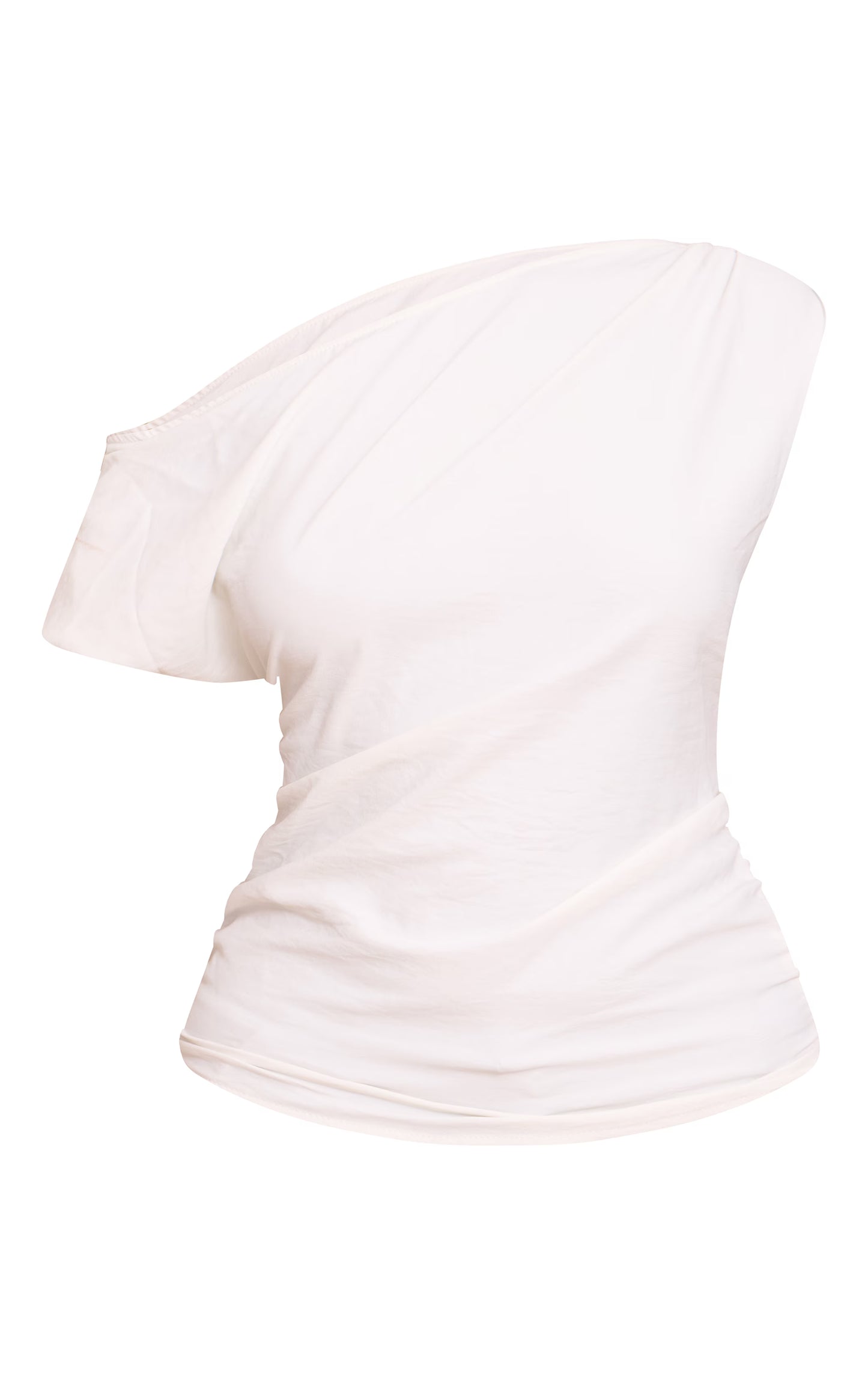 Cream Floaty Woven Ruched One Shoulder Top