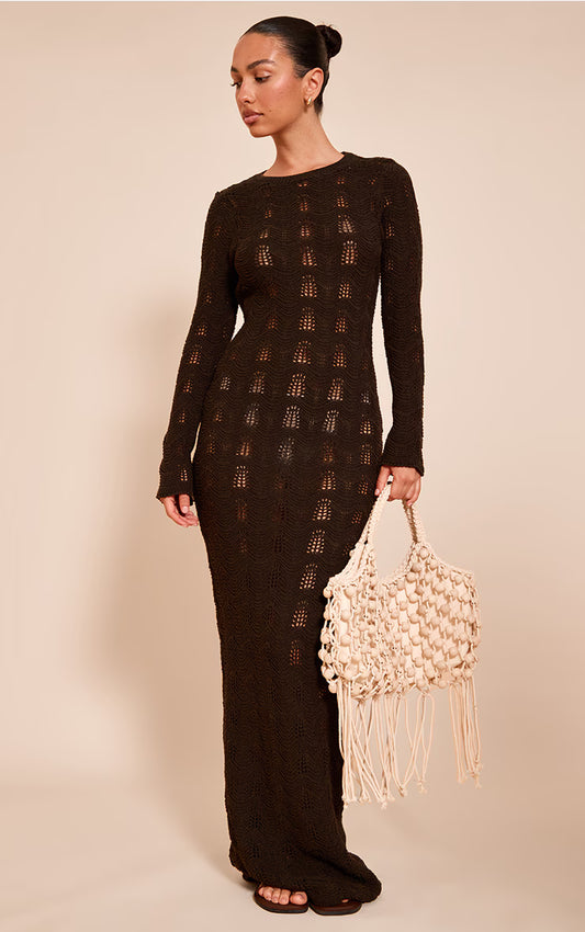 Chocolate Long Sleeve Backless Maxi Dress