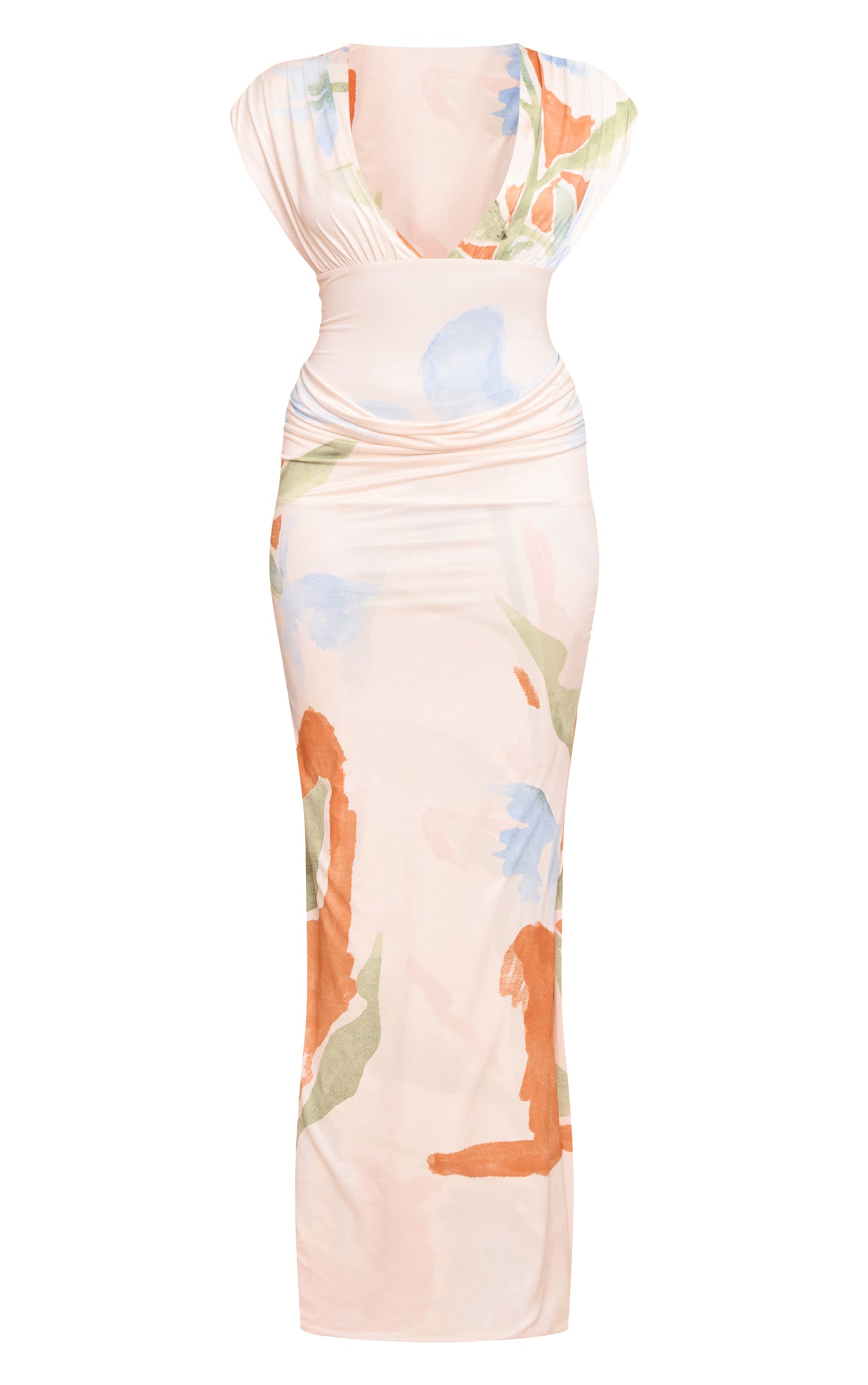 Cream Printed Double Layer Plunge Ruched Shoulder Drape Waist Maxi Dress