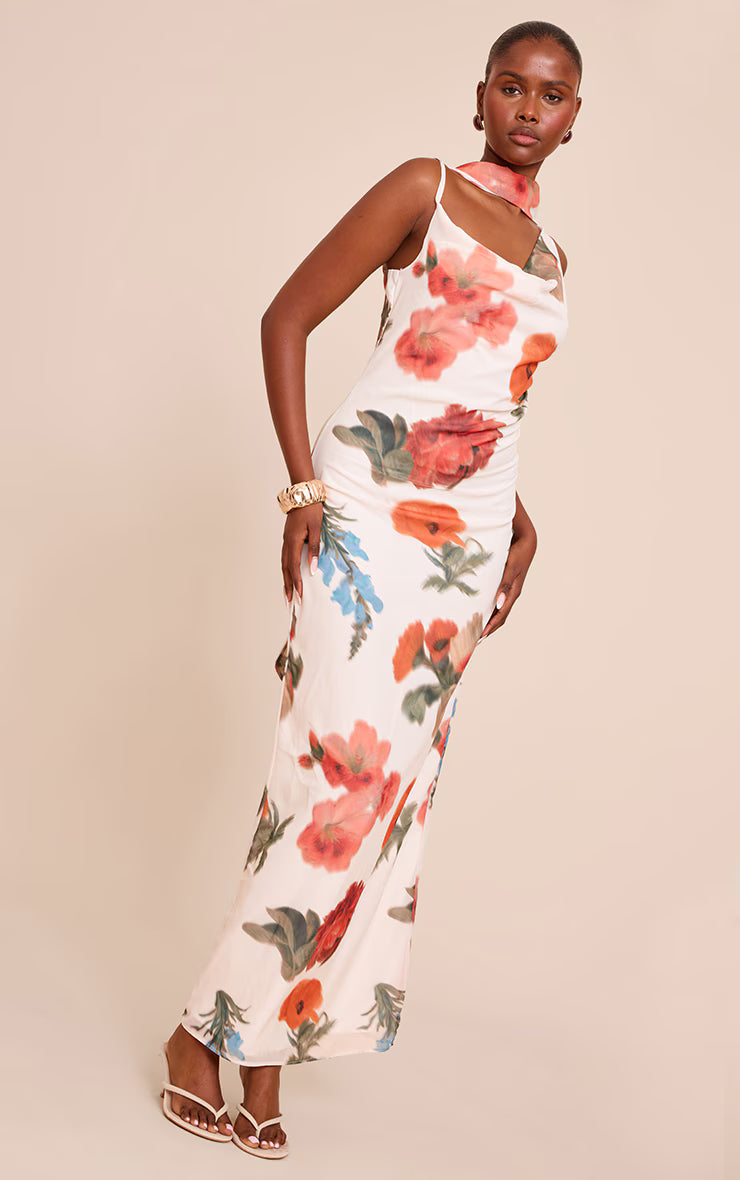 White Floral Print Chiffon Scarf Maxi Dress