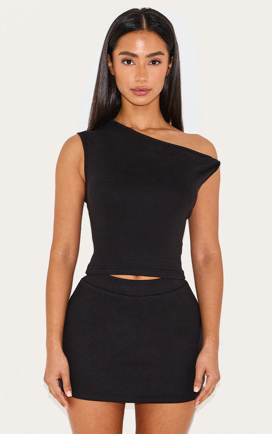 Petite Black Ribbed Twist Detail Top
