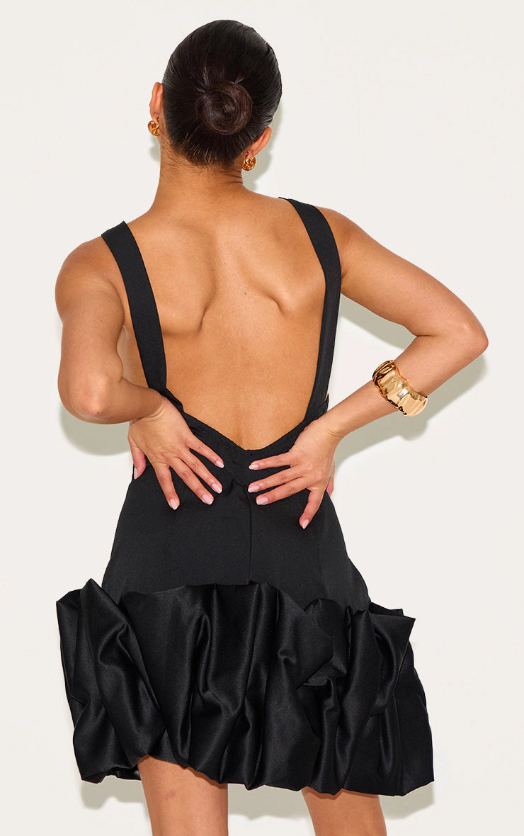 Petite Black Satin Puffball Mini Dress