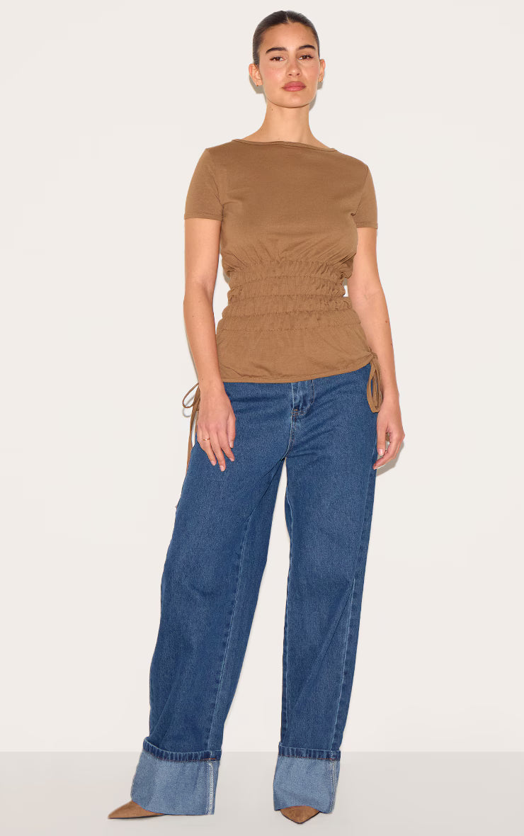 Mushroom Shirred Cap Sleeve T-shirt