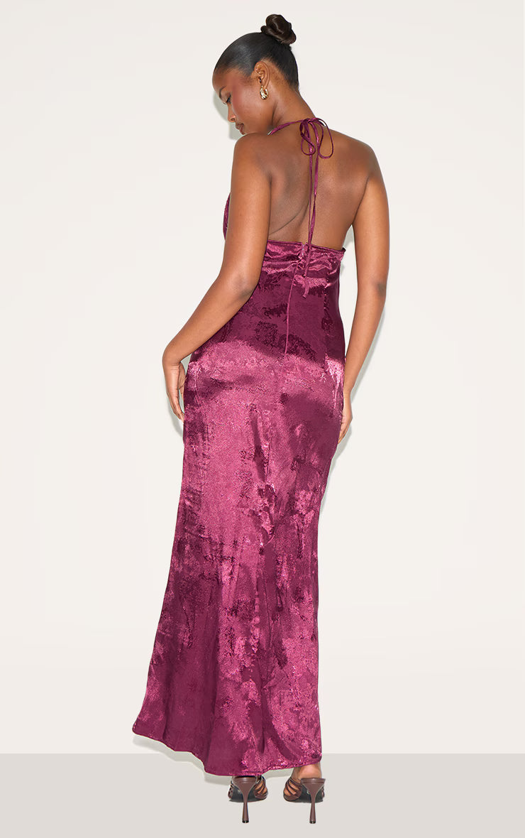 Wine Satin Extreme Cowl Neck Maxi Dress