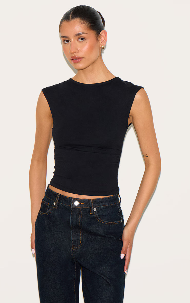 Tall Black Soft Cotton Ruched Side Sleeveless Top