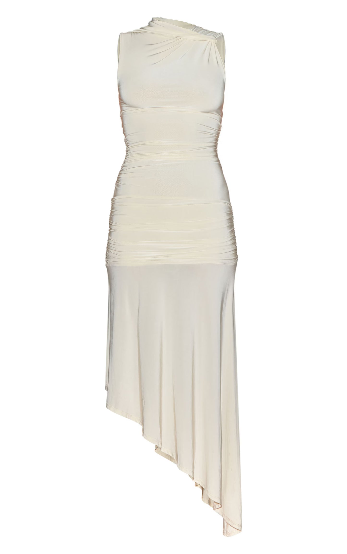 Cream Double Layer Slinky Asymmetrical Ruched Midaxi Dress