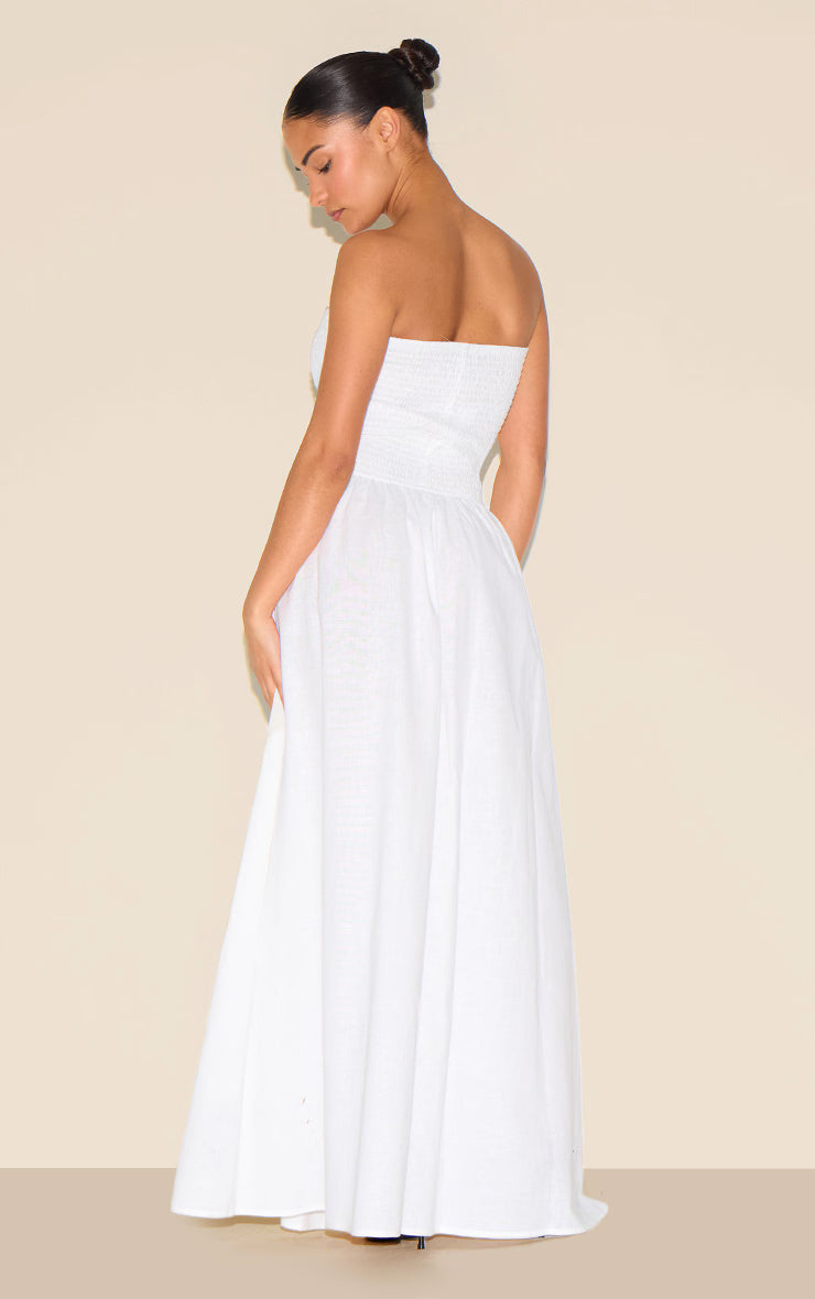 Petite White Bandeau Shirred Detail Maxi Dress