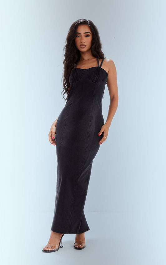 Petite Washed Black Denim Strappy Cup Detail Midaxi Dress