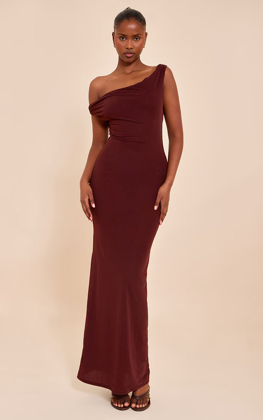 Chocolate Double Layered Chiffon Asymmetric Maxi Dress