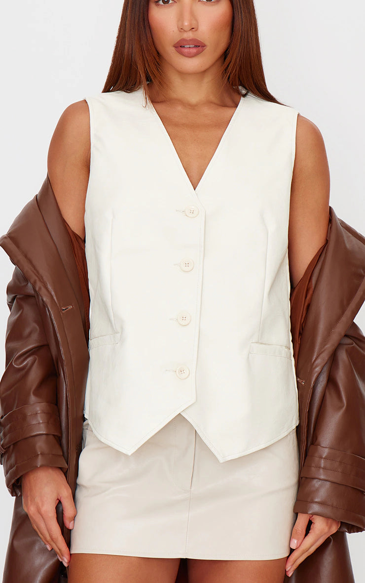 Cream Faux Leather Oversized Vest
