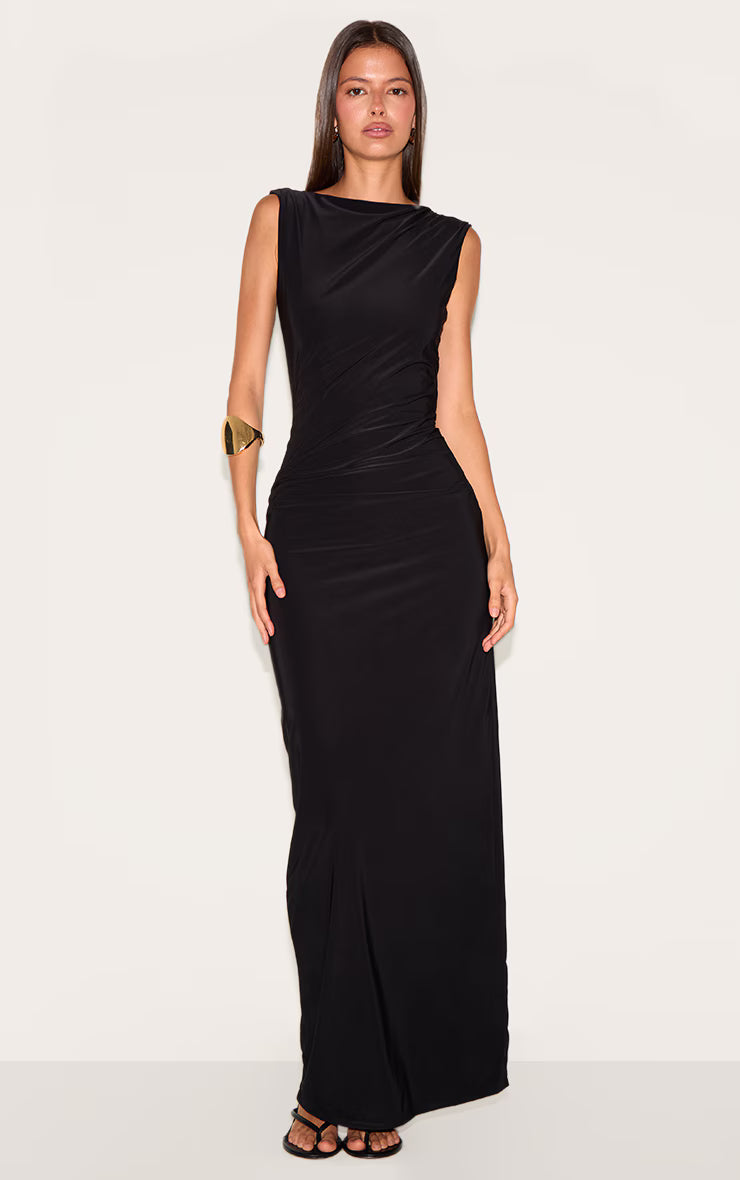 Black Double Layer Slinky Low Back Trim Detail Maxi Dress