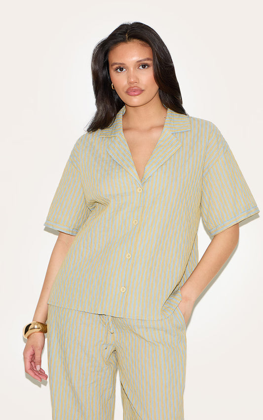 Green Striped Textured Short Sleeve Shirt