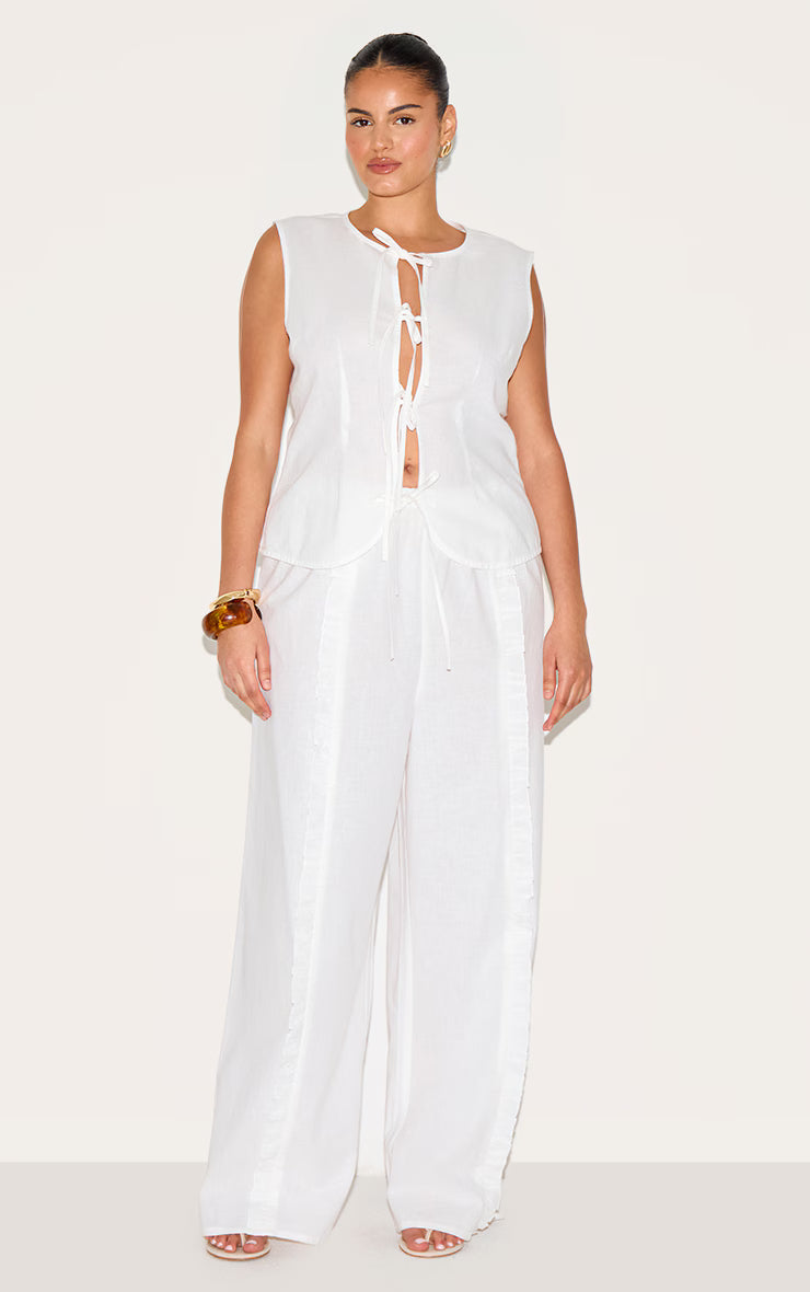 Plus White Linen Tie Front Vest