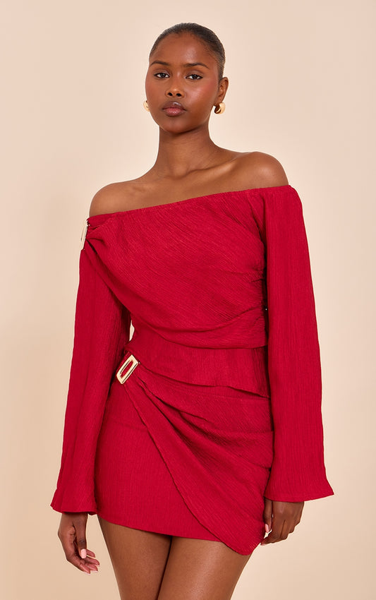 Tomato Red Textured Mid Rise Mini Skirt