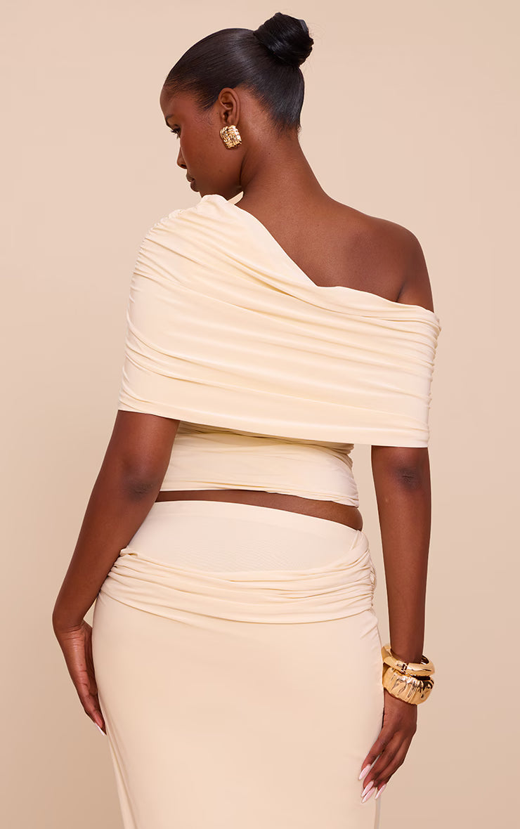 Cream Double Layer Slinky Ruched Bardot Long Top