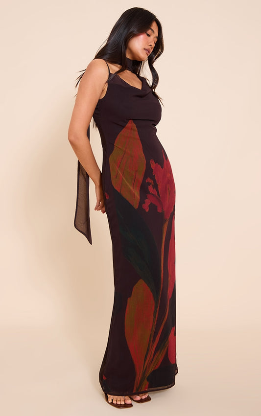 Black Floral Print Chiffon Scarf Maxi Dress