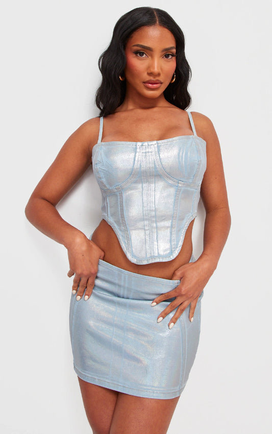 Silver Metallic Coated Denim Corset Top