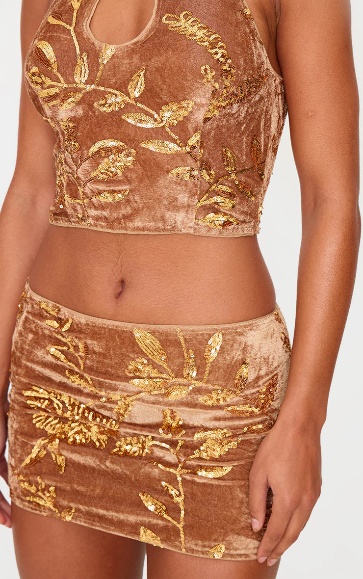 Golden Olive Velvet Floral Sequin Embellished Micro Mini Skirt