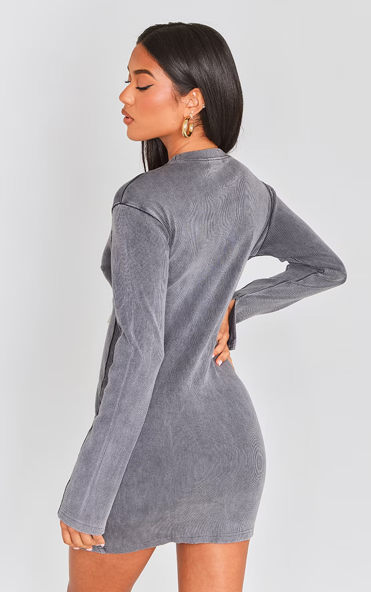 Charcoal Ribbed Exposed Seam Long Sleeve Bodycon Dress