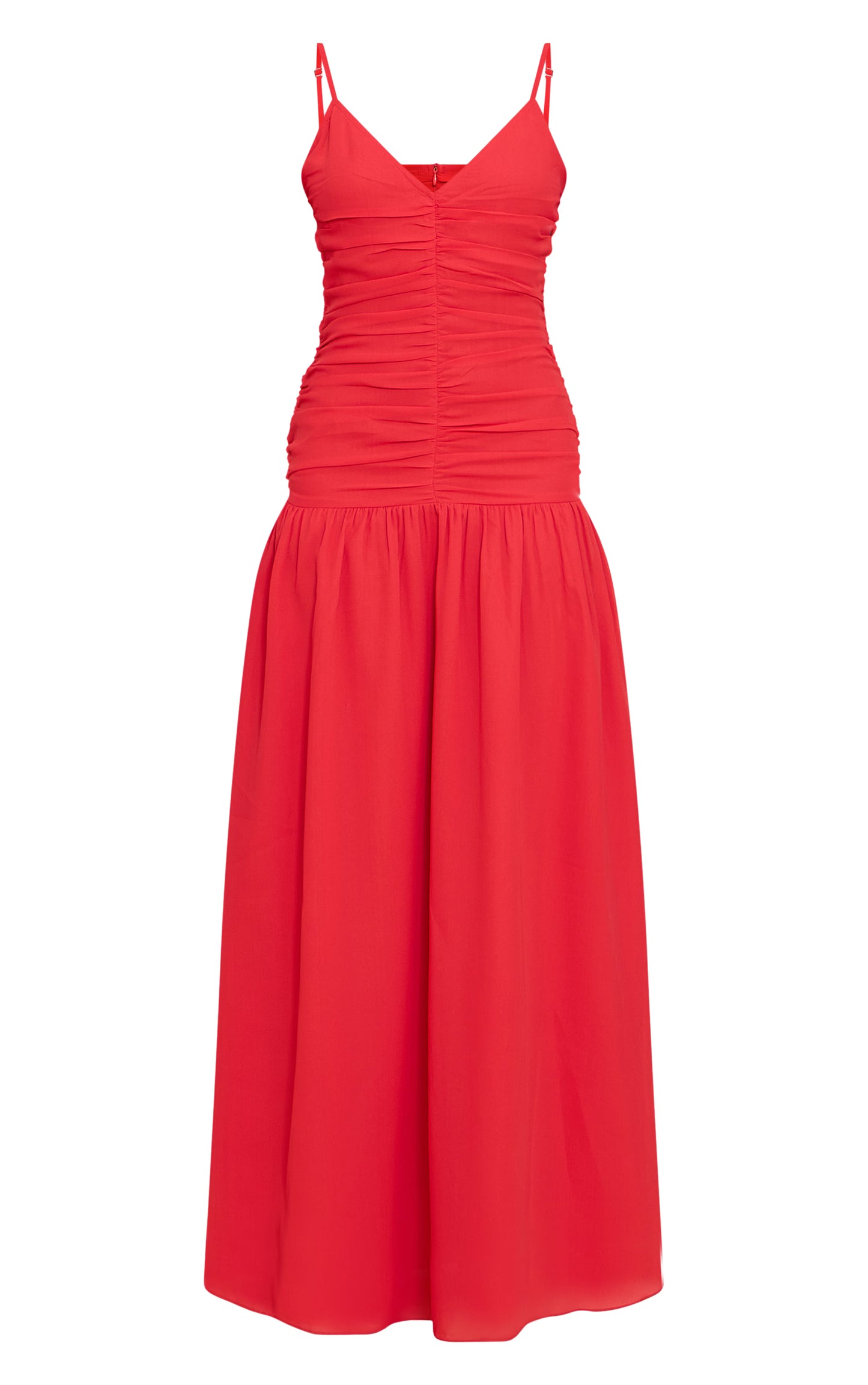 Red Chiffon Ruched Dropped Waist Maxi Dress