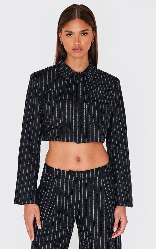 Black Premium Pinstripe Pocket Detail Cropped Shirt