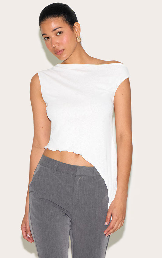 White Burnout Mesh Asymmetric Long Top