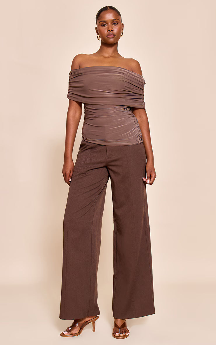 Mushroom Double Layer Slinky Ruched Bardot Long Top