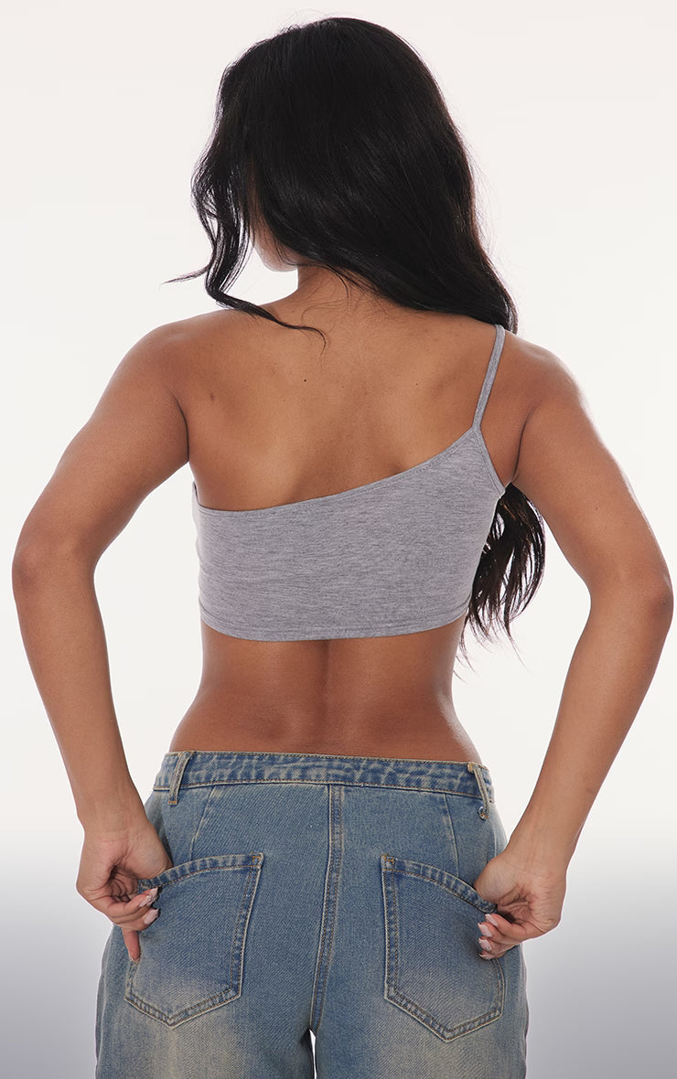 Grey Basic One Shoulder Strappy Crop Top