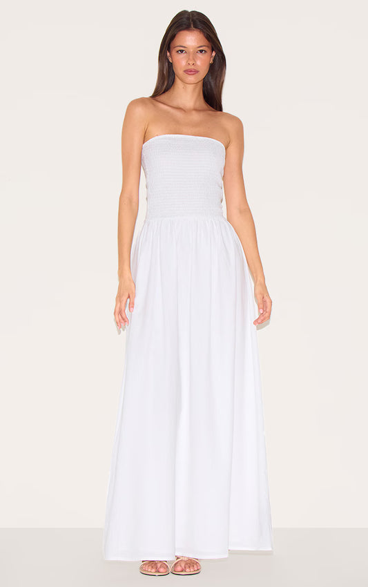 White Bandeau Shirred Detail Maxi Dress