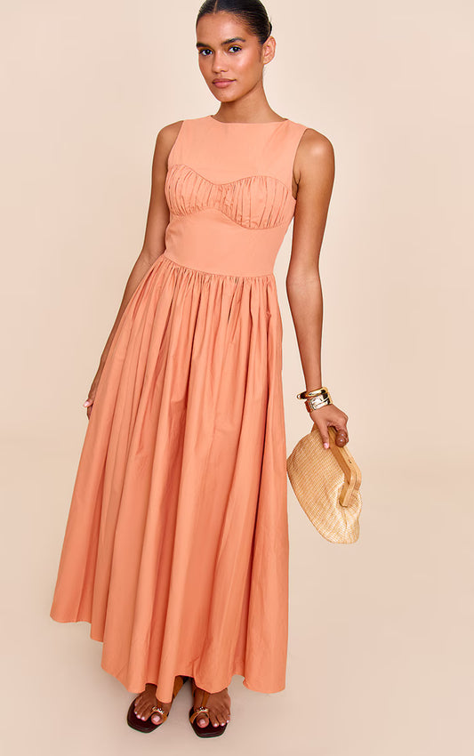 Rust Cotton Poplin Ruched Bust Midaxi Dress