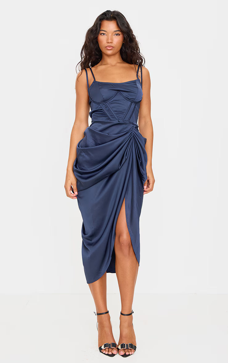 Navy Satin Underwired Draped Skirt Midi Dress