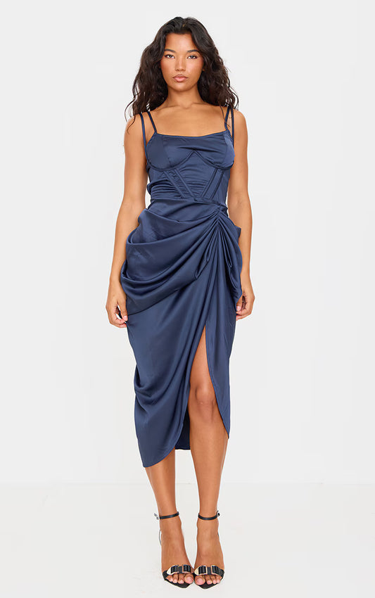 Navy Satin Underwired Draped Skirt Midi Dress