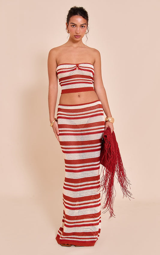 Rust Stripe Crochet Knitted Maxi Skirt