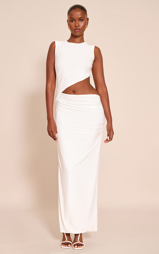 White Double Layer Slinky Cut Out Maxi Dress