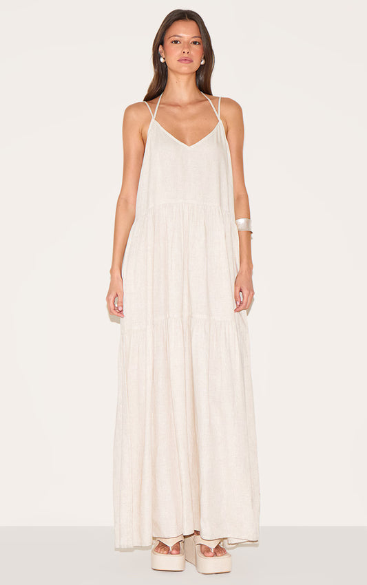 Natural Strappy Ruched Maxi Dress