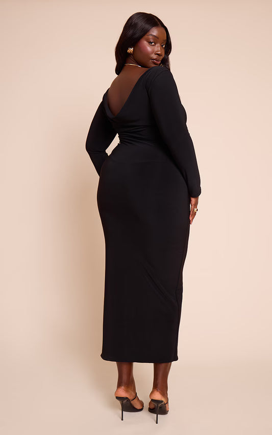 Plus Black Scoop Back Detail Long Sleeve Maxi Dress