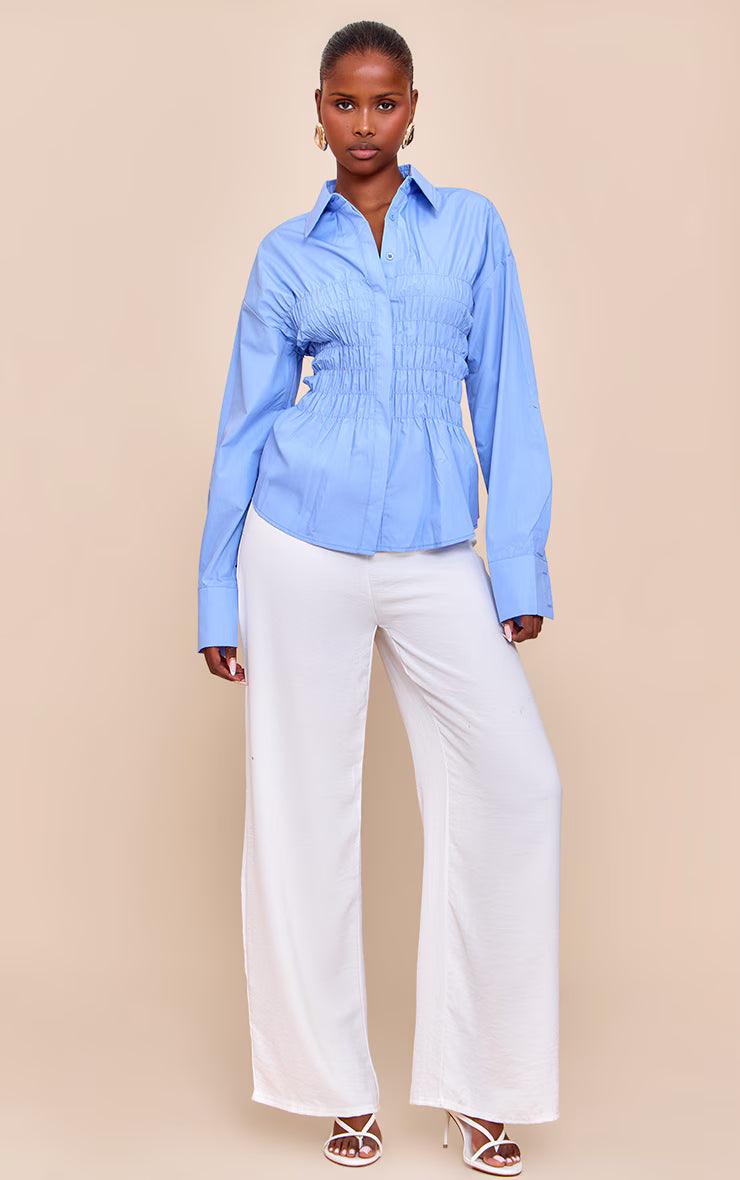 Blue Shirred Fitted Shirt