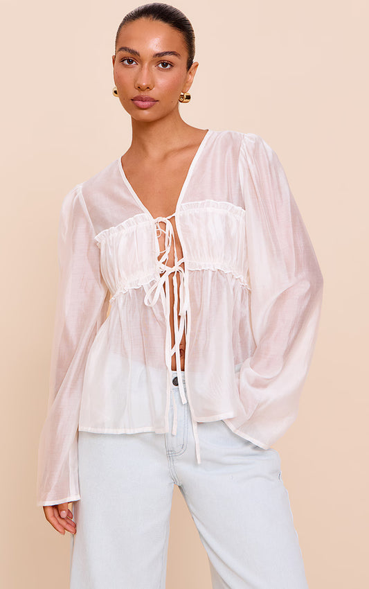 Cream Chiffon Tie Front Ruched Blouse
