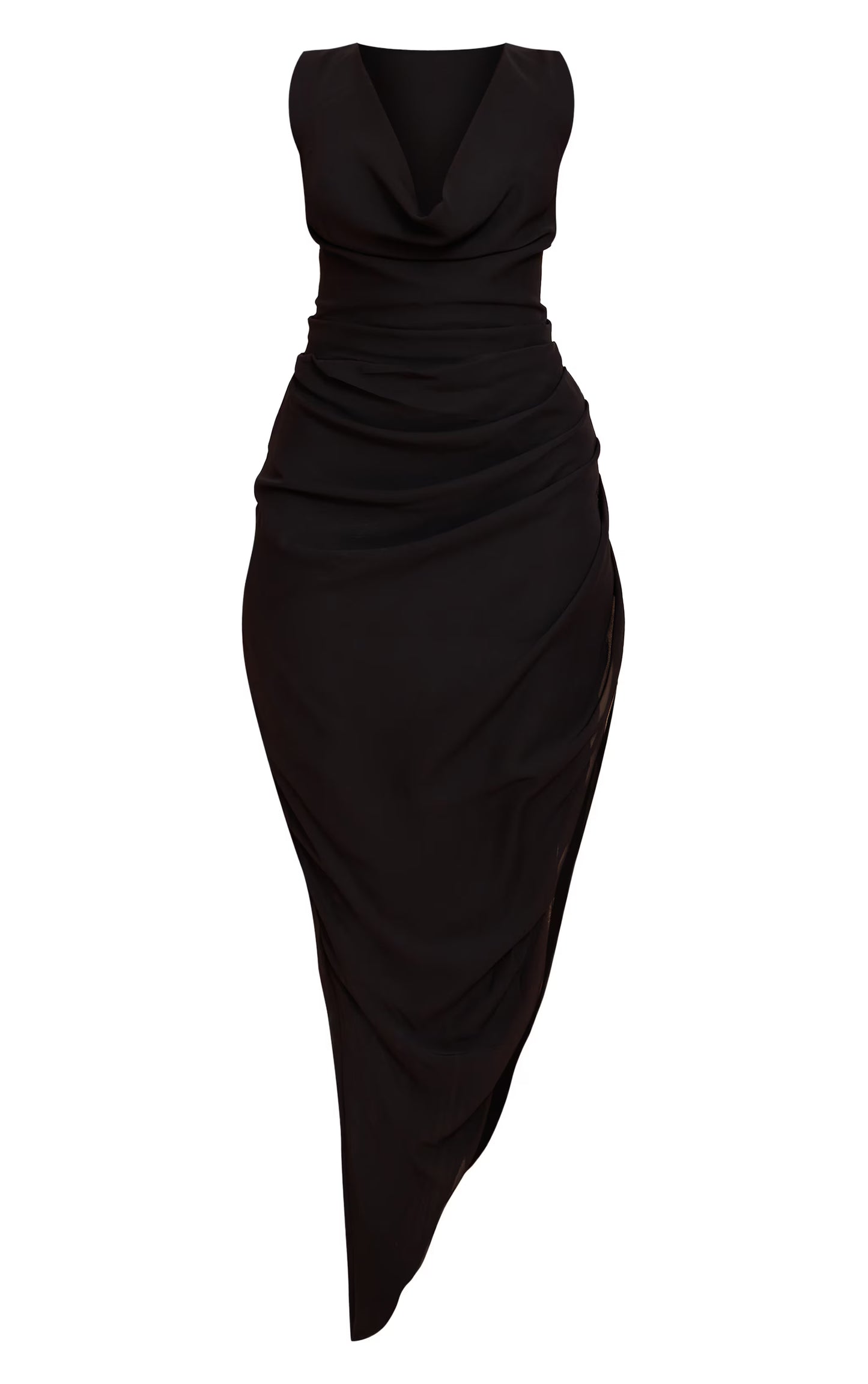 Black Chiffon Cowl Ruched Midi Dress