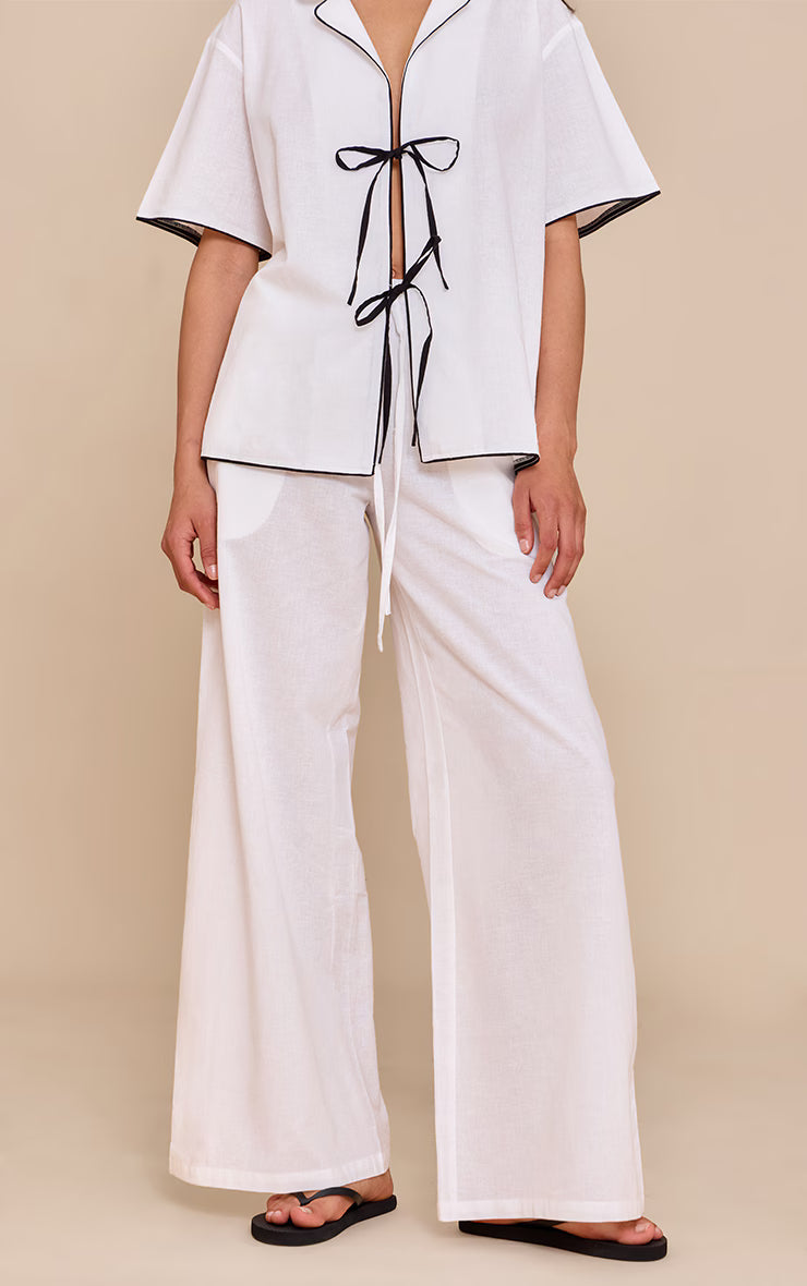 Cream Linen Look Contrast Wide Leg Pants