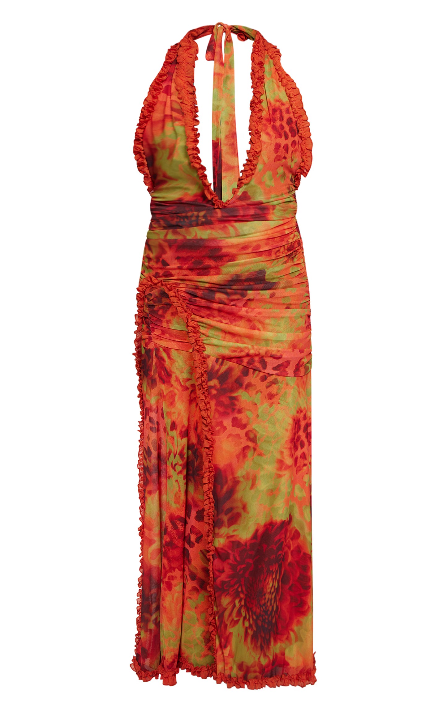 Multi Leopard Printed Ruffle Detail Plunge Maxi Dress