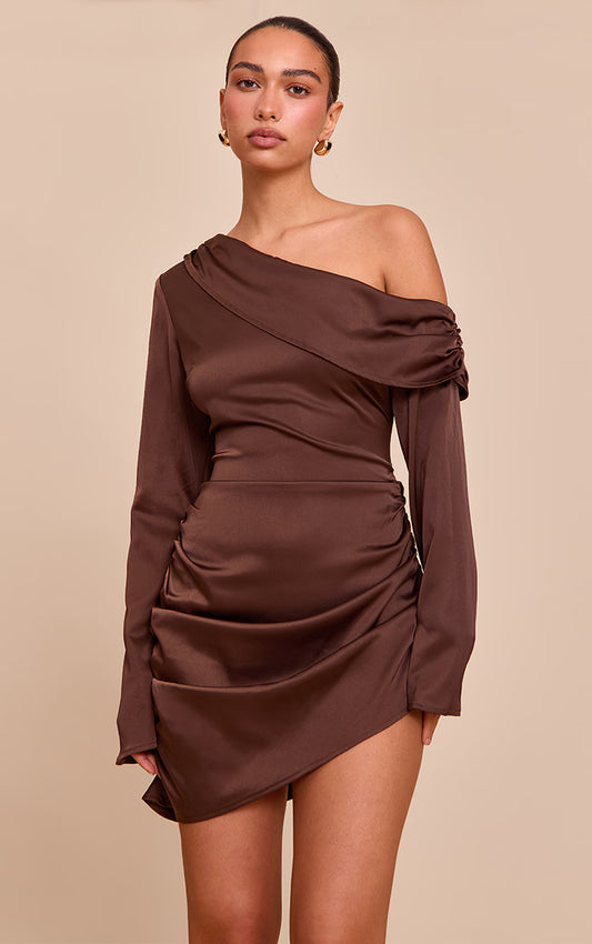 Chocolate Satin One Shoulder Drape Bodycon Dress