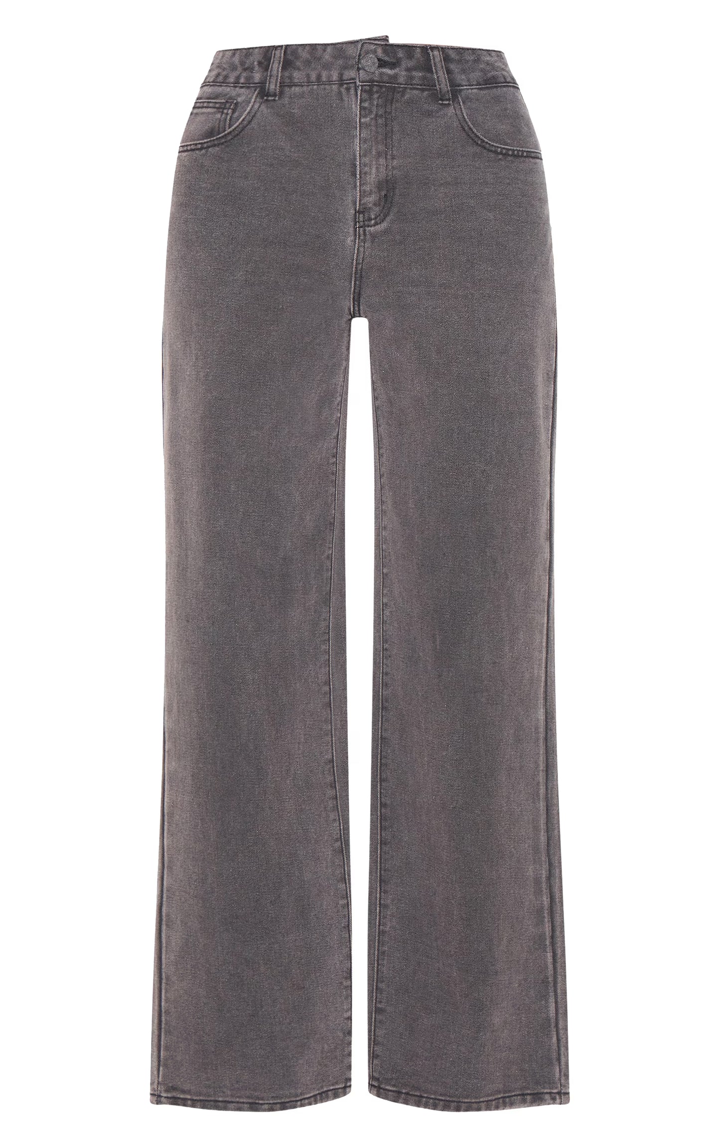 Washed Black Fabric Covered Button Mid Waist Straight Leg Jeans