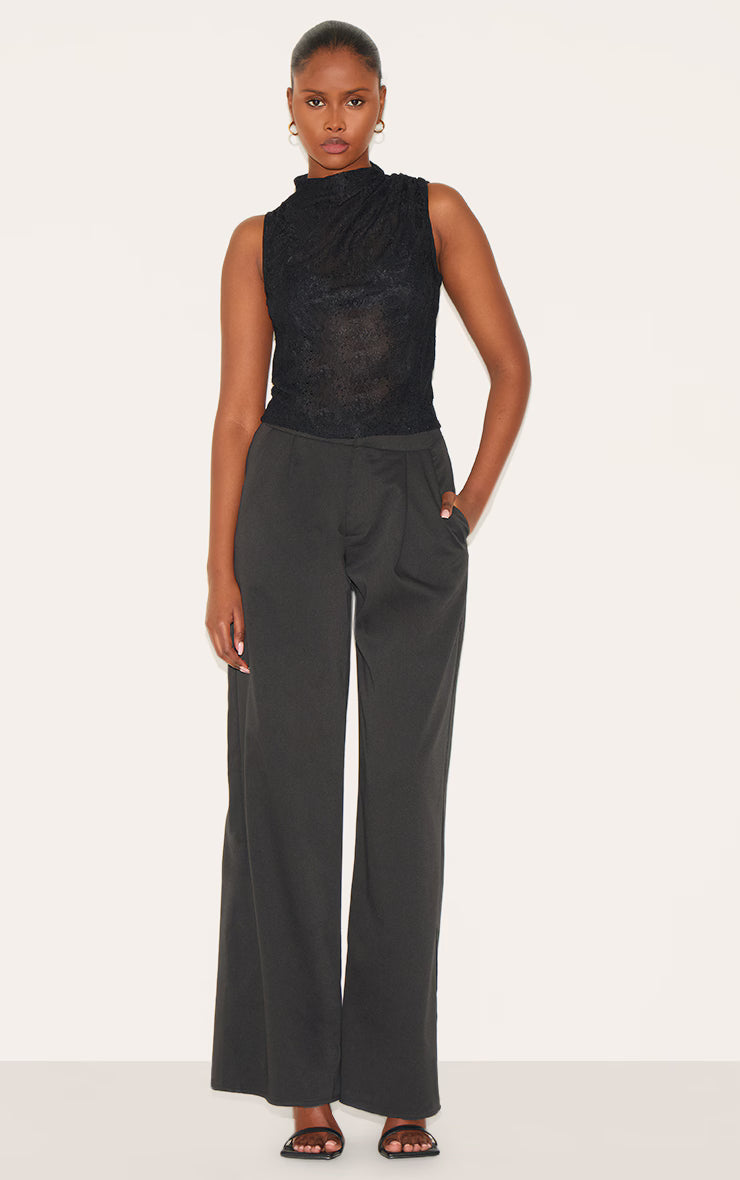 Black Lace Ruched Shoulder High Neck Top