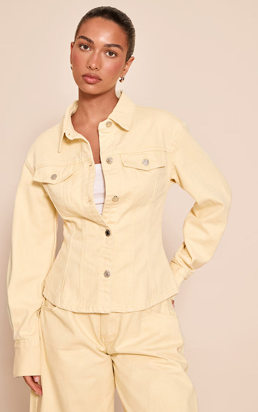 Butter Cream Long Sleeved Cinched Waist Denim Shirt