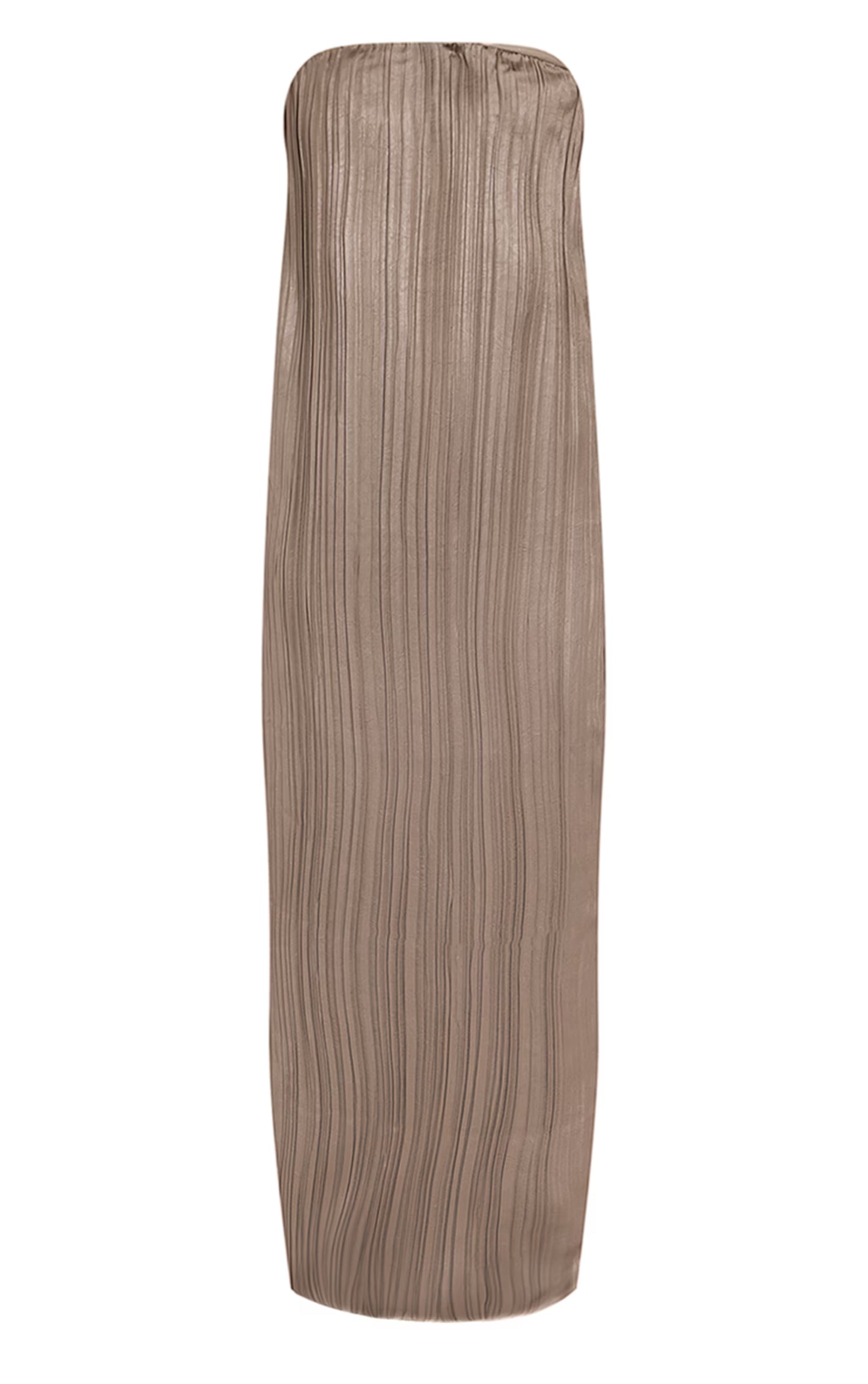 PLT Label Gold Plisse Satin Column Bandeau Maxi Dress