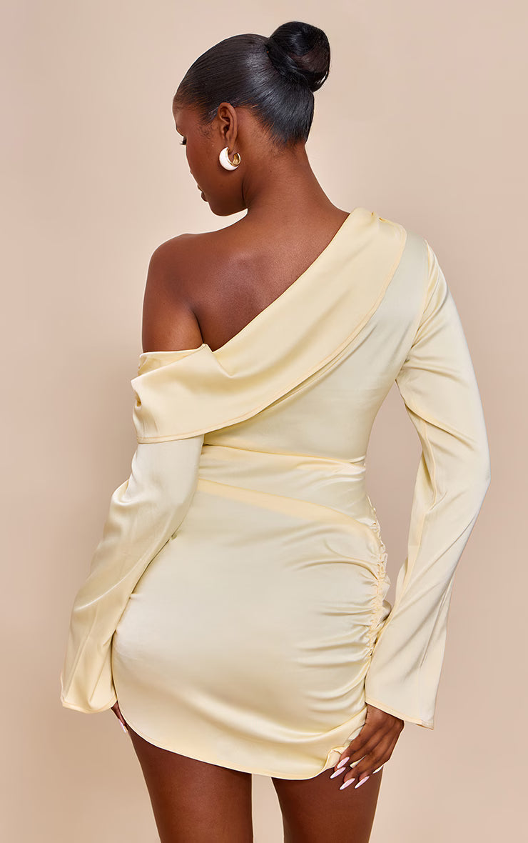 Butter Cream Satin One Shoulder Drape Bodycon Dress