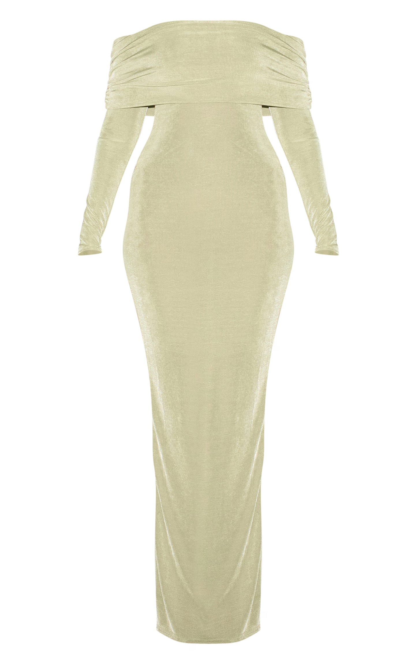 Sage Green Acetate Slinky Bardot Long Sleeve Maxi Dress