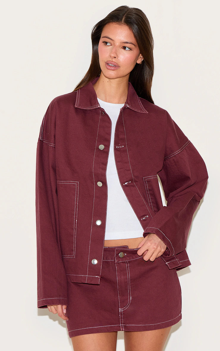 Burgundy Contrast Stitch Denim Mini Skirt
